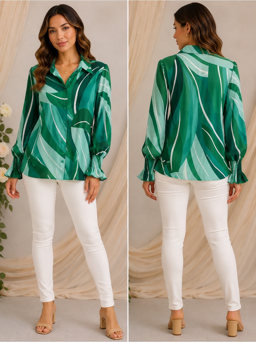 S.DEER Green Abstract Print Button Front Blouse Smocked Cuffs Size L NWT